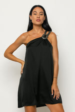 Φόρεμα Μίνι Σατέν με Έναν Ώμο Μαύρο