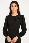 Μπλούζα με Μανίκια Ζορζέτα & Διακοσμητικό Λουλούδι Mαύρο